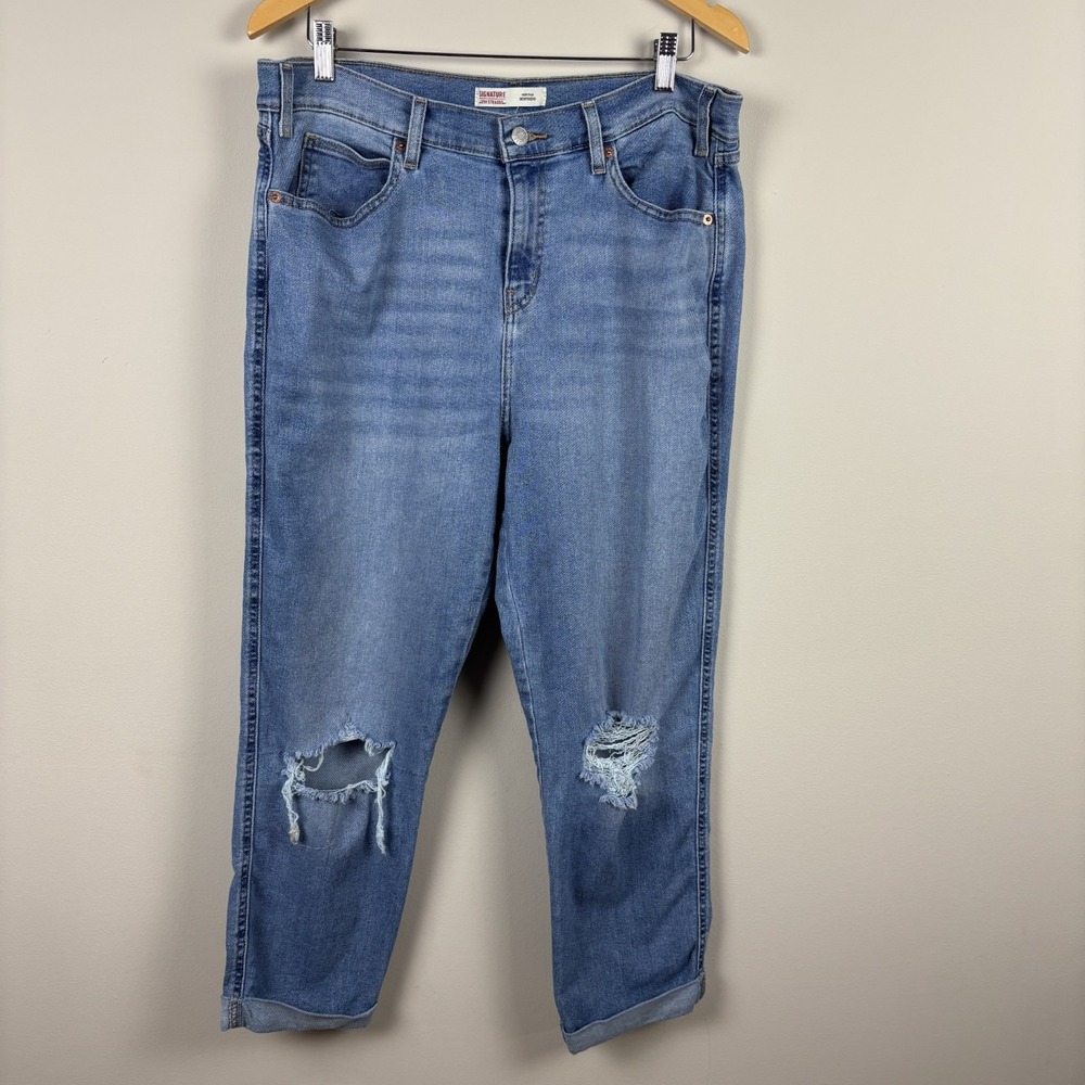 Signature Levi Strauss Heritage Boyfriend Jeans Blue Denim Cuff  14 W32 Distress